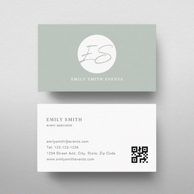 Carte De Visite Code QR monogramme sage féminin moderne (Créateur téléchargé)