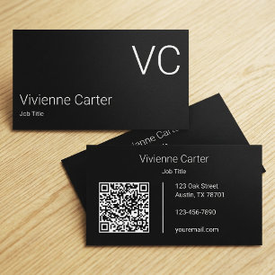 Carte De Visite Code QR Monogramme Simple Noir Blanc Minimaliste