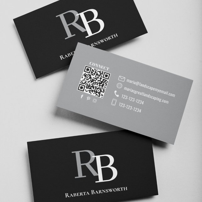 Carte De Visite Code QR Monogramme Simple Noir | Entrez en contact (Black and gray business card with simple monogram.)