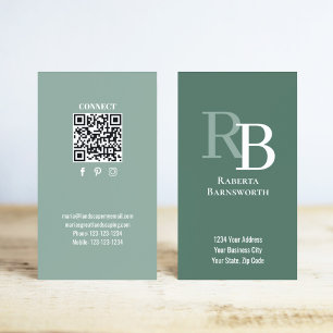 Carte De Visite Code QR Monogramme Simple Vert Entrez en Contact