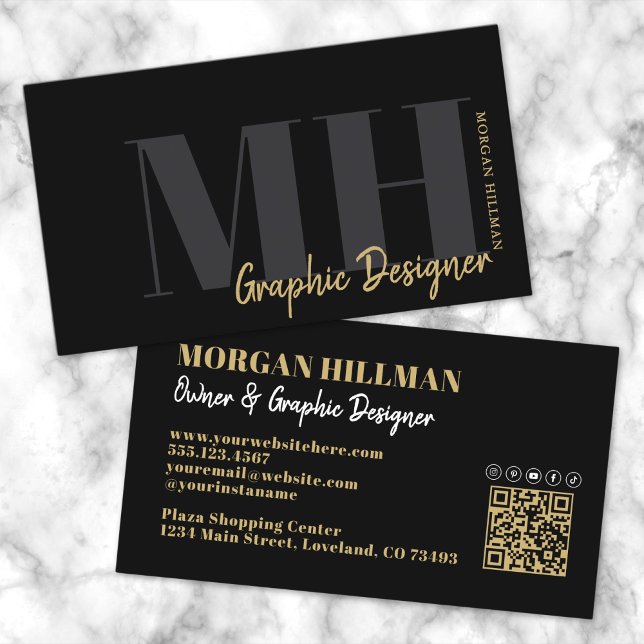 Carte De Visite Code QR Monogramme Tendance Noir Doré (Gold Black QR Code Trendy Monogram Business Card)