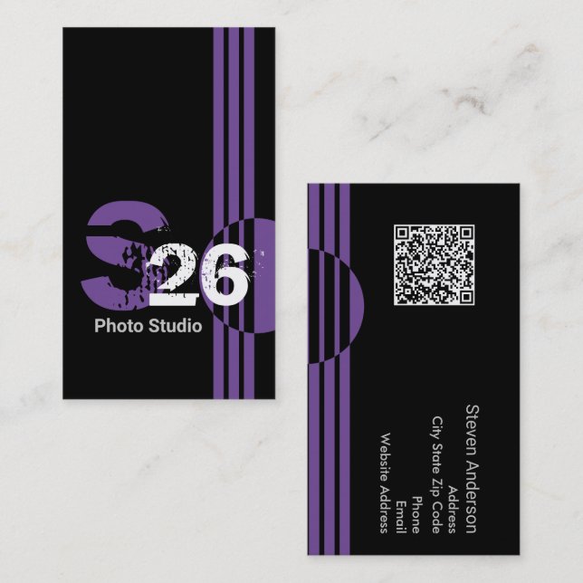 Carte De Visite Code QR monogramme violet abstrait géométrique (Devant / Derrière)