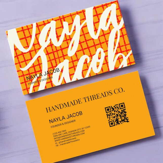 Carte De Visite Code QR Motif de chèque rouge orange gras pour art (Créateur téléchargé)