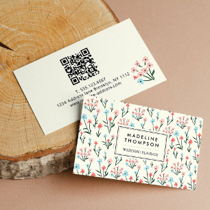 Carte De Visite Code QR motif fleurs rose bleu pastel floral