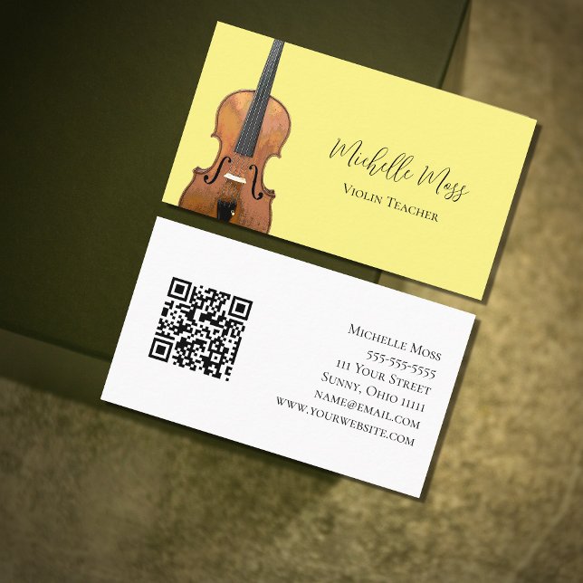 Carte De Visite Code QR musical Violon Enseignant Bright Jaune (Créateur téléchargé)