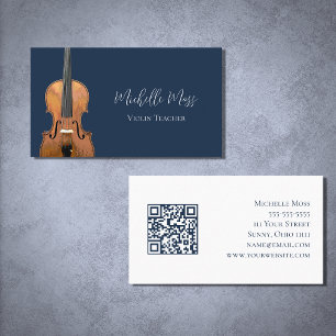 Carte De Visite Code QR musical Violon Enseignant Marine Bleu