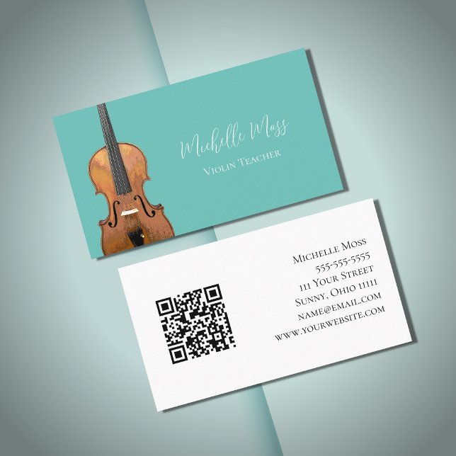 Carte De Visite Code QR musical Violon Enseignant Turquoise Vert (Créateur téléchargé)