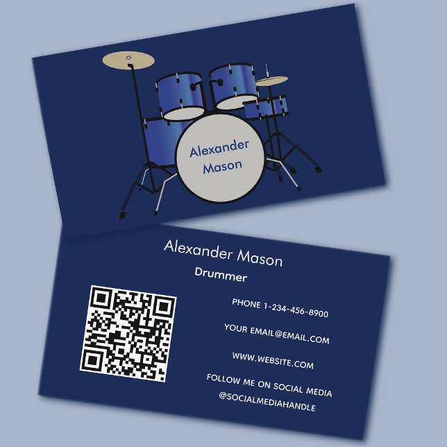 Carte De Visite Code QR Musicien Professionnel Batteur Bleu (Créateur téléchargé)