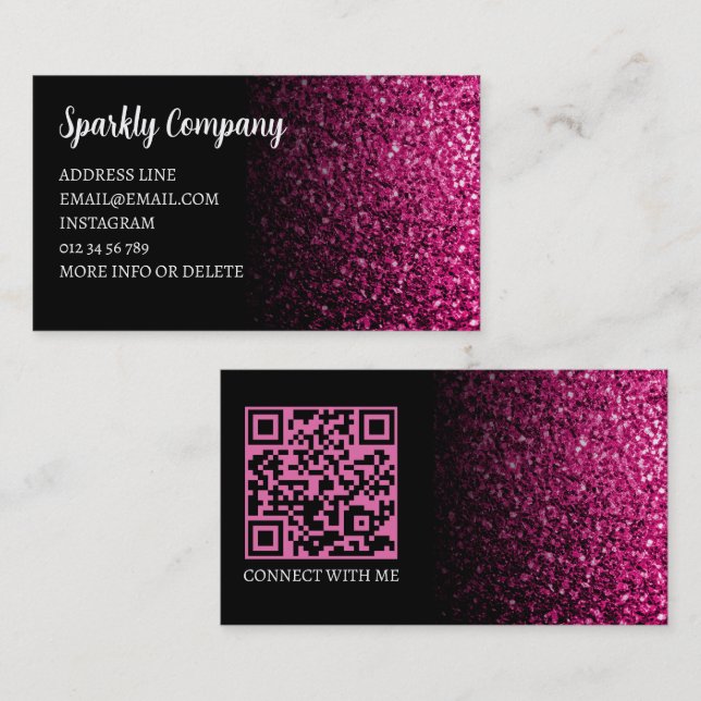Carte De Visite Code QR noir à paillettes rose vif faux (Devant / Derrière)