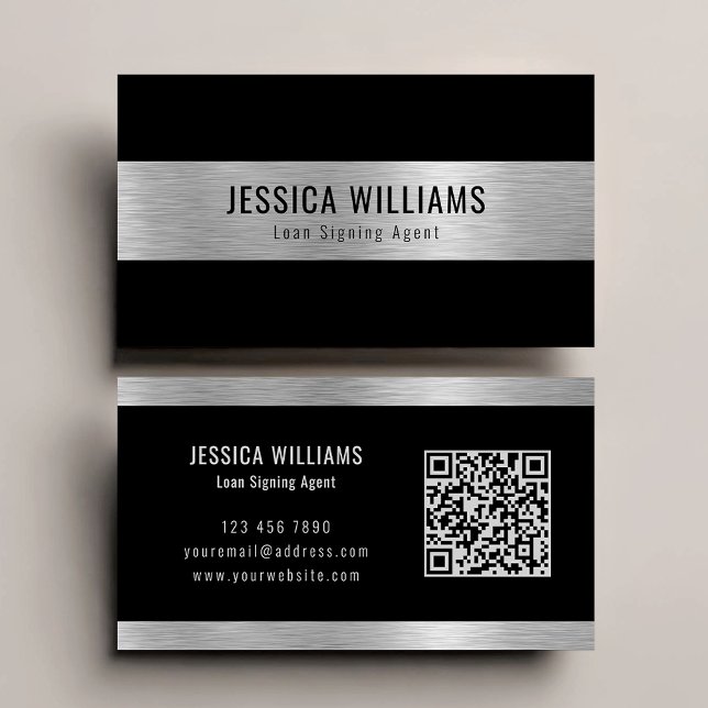 Carte De Visite Code QR noir argent brossé élégant personnalisé (Créateur téléchargé)