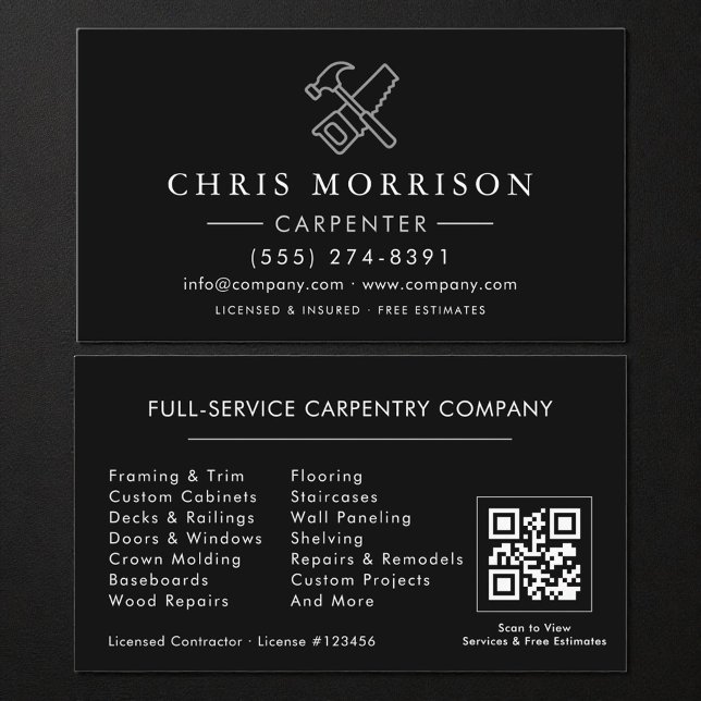 Carte De Visite Code QR noir argenté Construction Charpentier (Créateur téléchargé)
