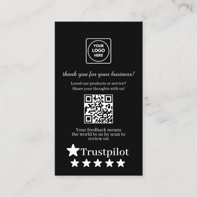 Carte De Visite Code QR noir | Avis Trustpilot Merci personnalisé (Devant)