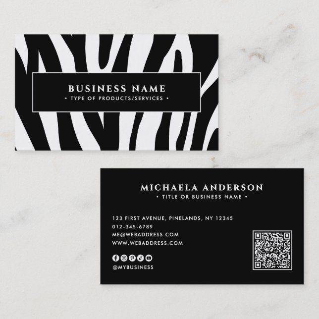 Carte De Visite Code QR Noir & Blanc Imprimé Zèbre Moderne & Résea (Devant / Derrière)