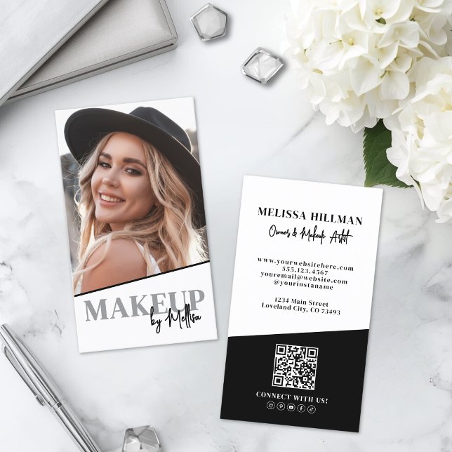 Carte De Visite Code QR Noir Blanc Photo Maquillage Vertical (Black White QR Code Photo Makeup Vertical Business Card )