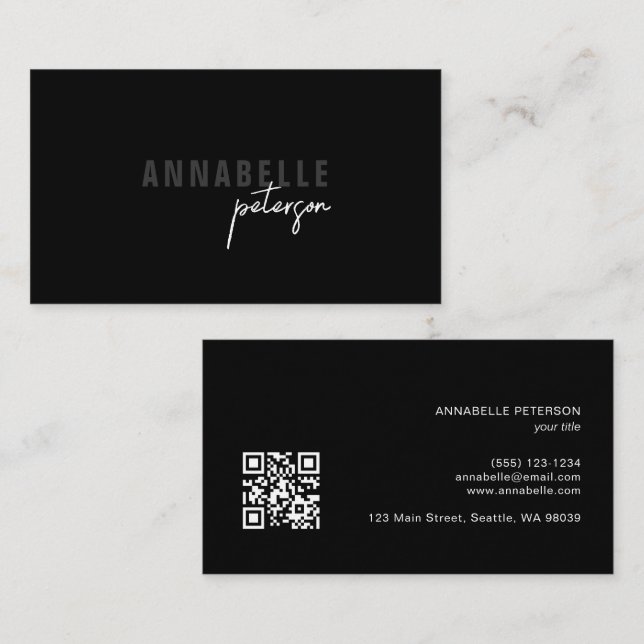 Carte De Visite Code QR noir chic professionnel avec écriture mini (Devant / Derrière)