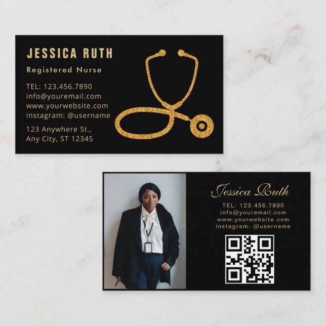 Carte De Visite Code QR noir de photo d'infirmière diplômée profes (Devant / Derrière)