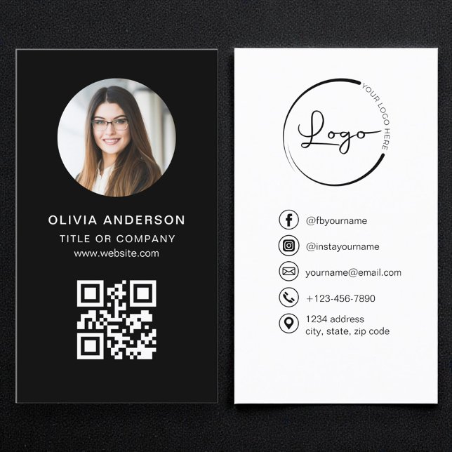 Carte De Visite Code QR noir de photo professionnelle pour les méd (Créateur téléchargé)