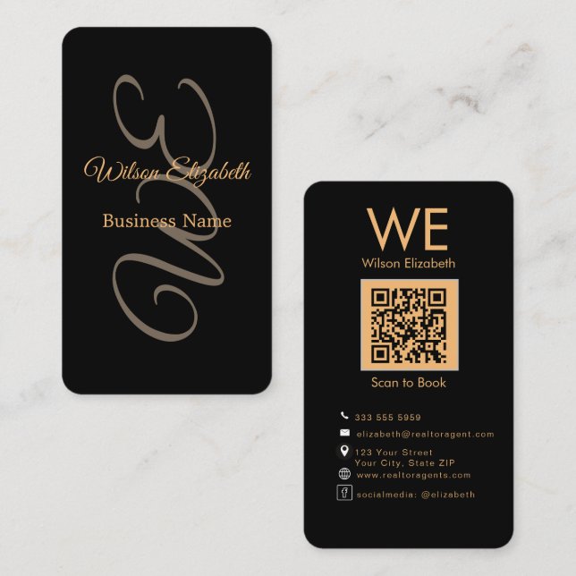 Carte De Visite Code QR noir élégant et moderne avec monogramme (Devant / Derrière)