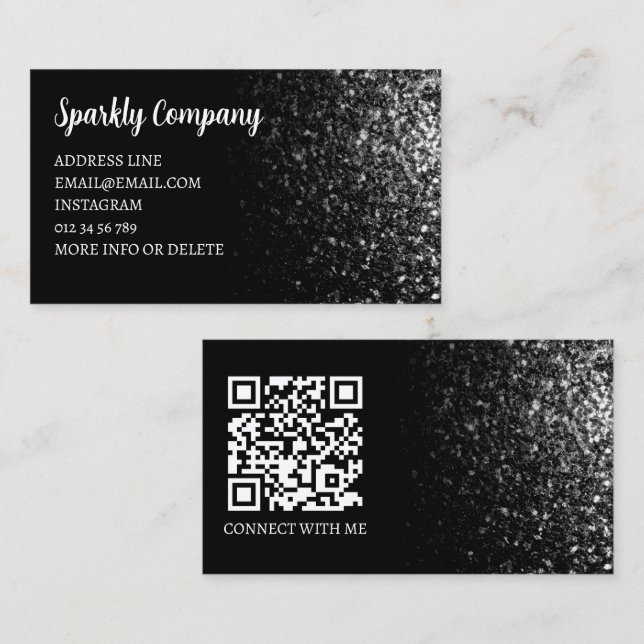 Carte De Visite Code QR noir et blanc brillant noir élégant (Devant / Derrière)