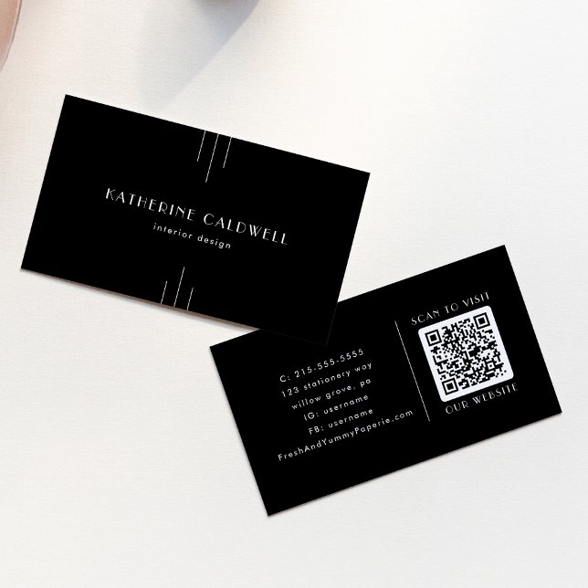 Carte de visite code QR noir et blanc Everly Moder (EVERLY Modern Art Deco Black and White QR Code Business Card)