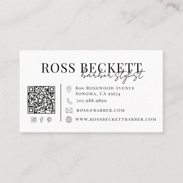 Carte De Visite Code QR noir et blanc moderne pour barbier  (Devant)