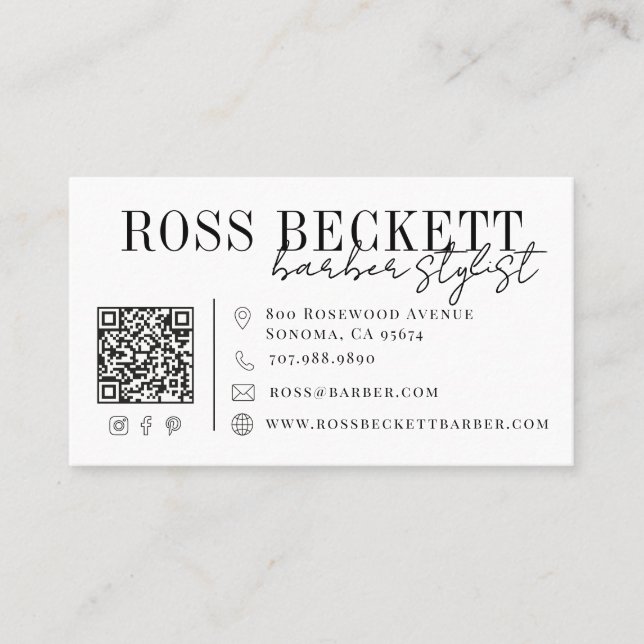 Carte De Visite Code QR noir et blanc moderne pour barbier coiffeu (Devant)