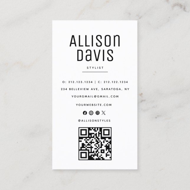 Carte De Visite Code QR noir et Marbre blanc (Dos)