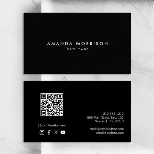 Carte De Visite Code QR noir minimaliste de luxe médias sociaux