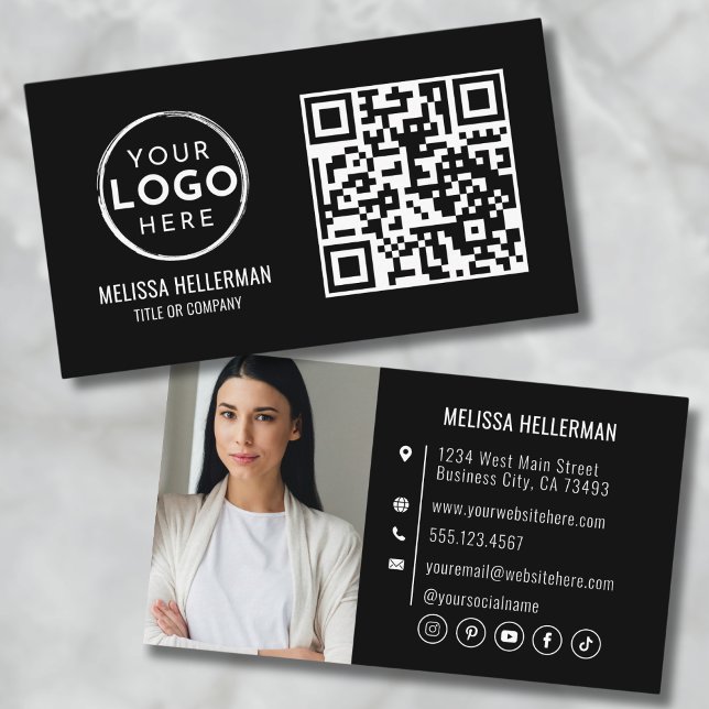 Carte De Visite Code QR Noir Moderne Photo Professionnelle Votre L (Black QR Code Modern Professional Photo Your Logo Business Card)