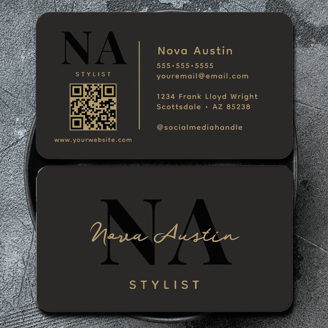 Carte De Visite Code QR noir or esthétique tendance luxe monogramm (Créateur téléchargé)