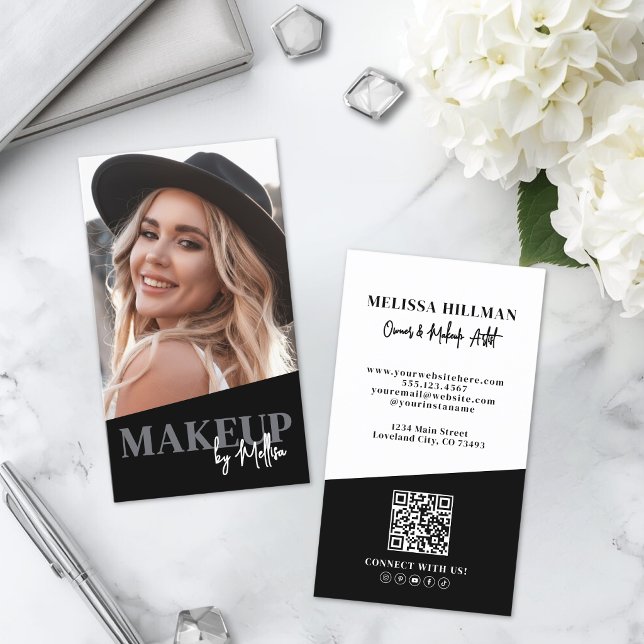 Carte De Visite Code QR Noir Photo Maquillage Vertical (Black QR Code Photo Makeup Vertical Business Card )