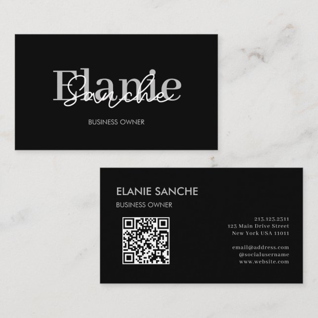 Carte De Visite Code QR noir tendance élégant moderne (Devant / Derrière)