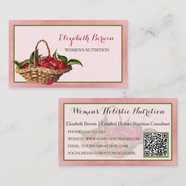 Carte De Visite Code QR Nutrition Féminine Rose Fille Fraises (Devant / Derrière)