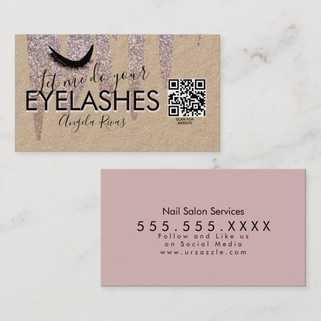 Carte De Visite CODE QR Onglerie Rose Paillettes Gouttes Rustique (Devant / Derrière)