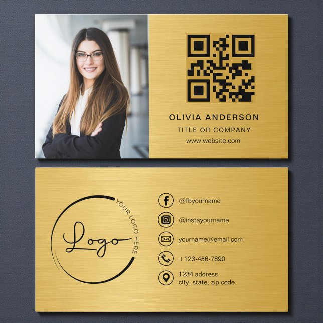 Carte De Visite Code QR Or Médias Sociaux Photo Professionnelle (Créateur téléchargé)