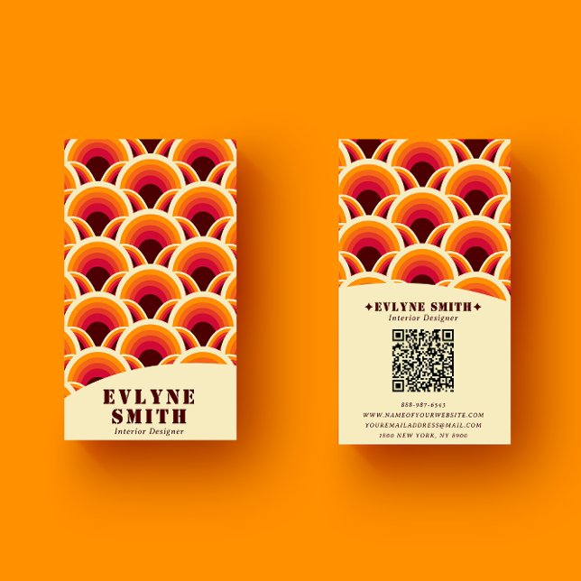 Carte De Visite Code QR orange Super rétro les années 70 Boho géom (Créateur téléchargé)