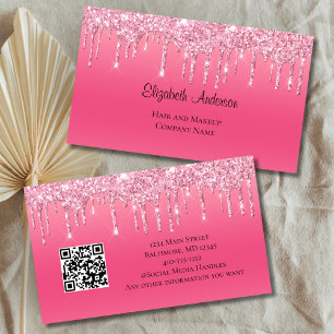 Carte De Visite Code QR pailletant rose pour salon de coiffure et