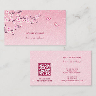 Carte De Visite Code QR Pailleté Fleur de Cerisier Rose