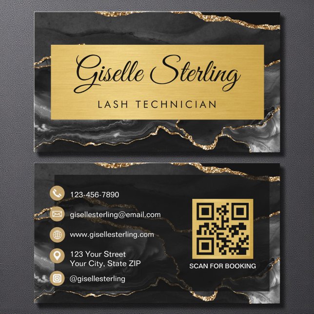 Carte De Visite Code QR Pailleté Technicien de Cils en Agate Or No (Créateur téléchargé)