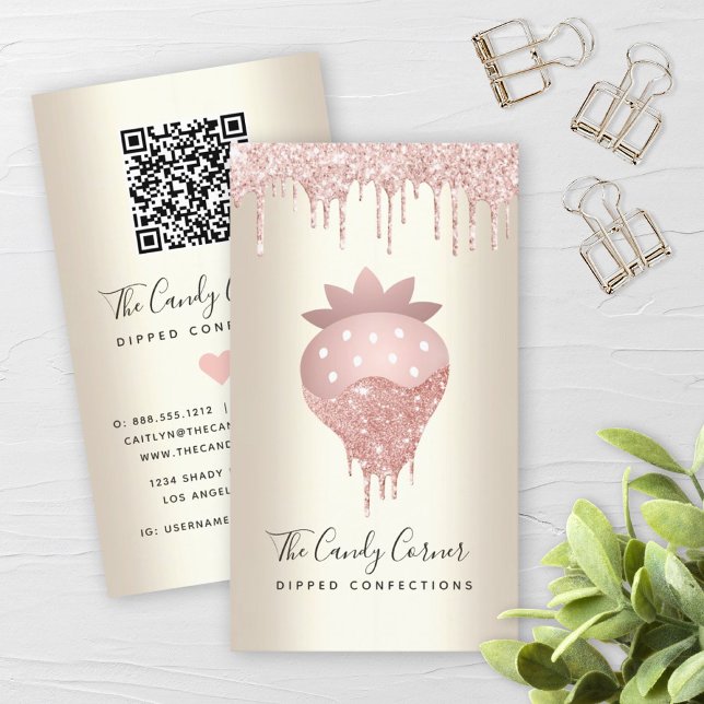 Carte De Visite Code QR Parties scintillant de fraise rose Confect (Créateur téléchargé)