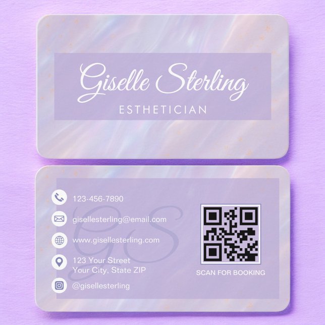 Carte De Visite Code QR pastel violet Esthéticienne (Créateur téléchargé)