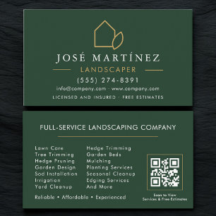 Carte De Visite Code QR Paysagiste Entretien de pelouse Vert Or