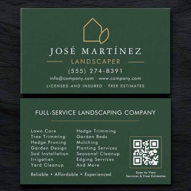Carte De Visite Code QR Paysagiste Entretien de pelouse Vert Or (Créateur téléchargé)