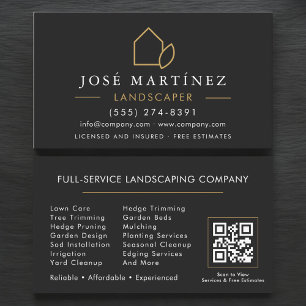 Carte De Visite Code QR Paysagiste Service de pelouse Noir et Or