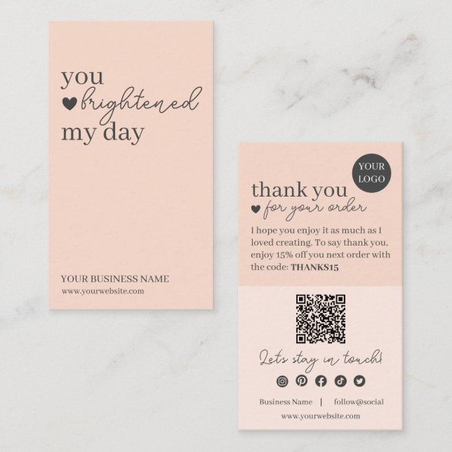 Carte De Visite Code QR Peach Modern Script, Bougie Merci (Devant / Derrière)