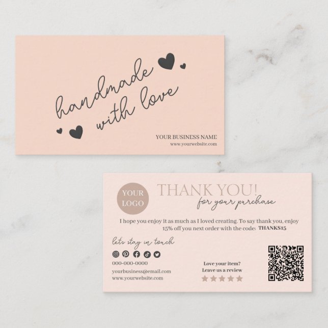 Carte De Visite Code QR Peach Modern Script, Bougie Merci (Devant / Derrière)