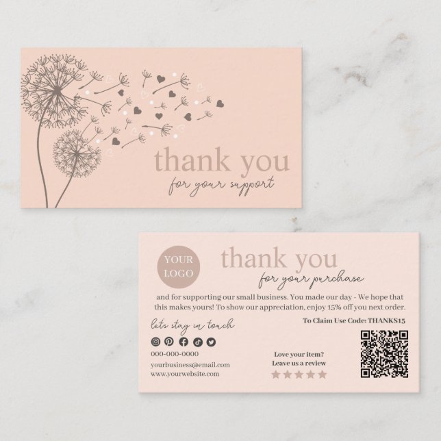 Carte De Visite Code QR Peach Modern Script, Bougie Merci (Devant / Derrière)