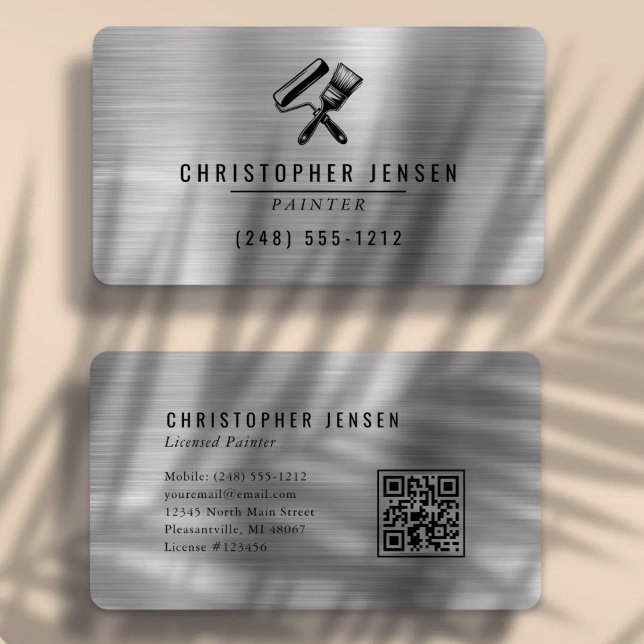 Carte De Visite Code QR Peintre Argent Métal Noir Arrondi (Créateur téléchargé)