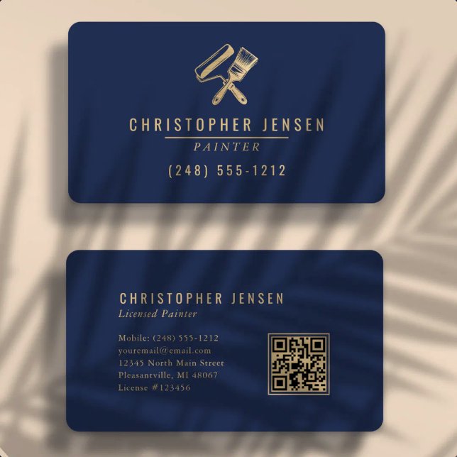 Carte De Visite Code QR Peintre Bleu Nuit Or Peinture Arrondie (Créateur téléchargé)