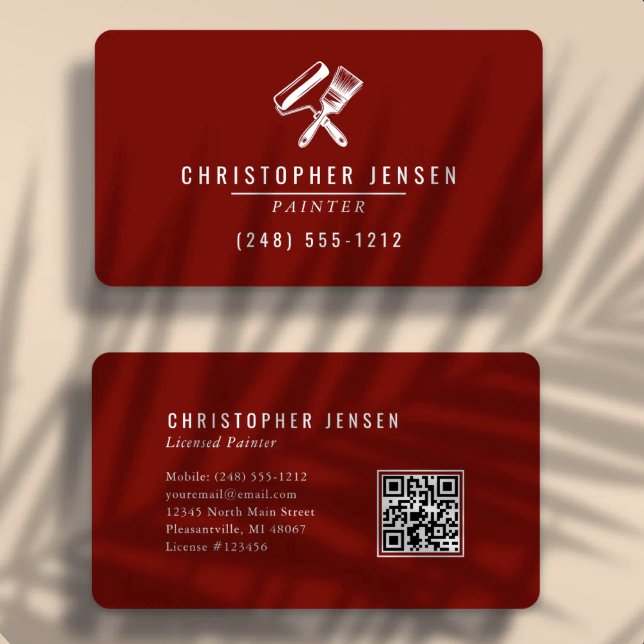 Carte De Visite Code QR Peintre Bordeaux Rouge Peinture Arrondie (Créateur téléchargé)